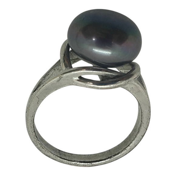 Vintage Genuine Gray Peacock Pearl Ring Size 8 Silver Plated HUGE Iridescent - Picture 11 of 11